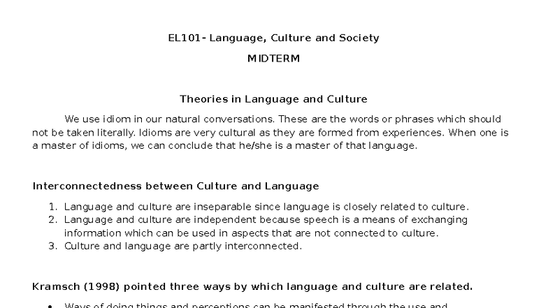 Language, Culture and Society MIDTERM: Theories and Insights - Studocu