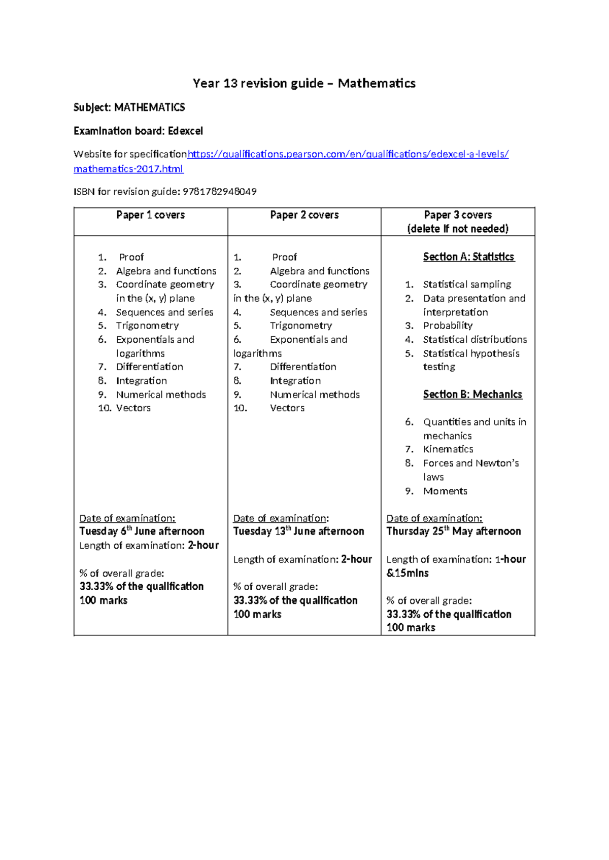 Year 13 Mathematics Revision Guide - Edexcel Exam Prep - Studocu