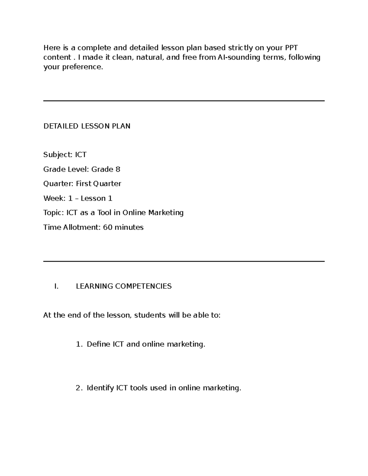 ICT 8 Detailed Lesson Plan: Online Marketing Tools for Grade 8 - Studocu
