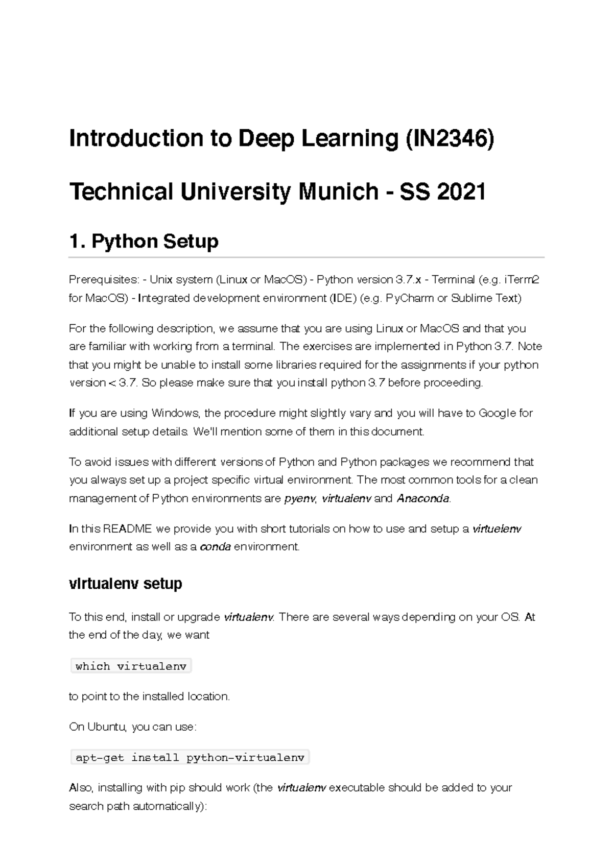 Homework assignments setup and installation of PyTorch and ...