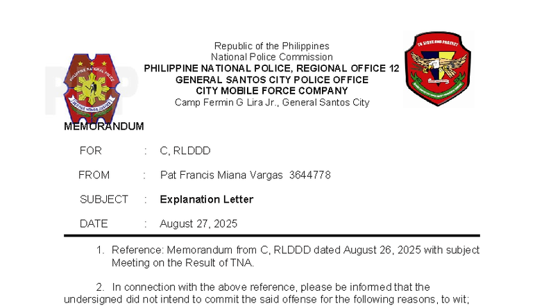 TNA Explanation Letter by Pat Vargas - PHILIPPINE NATIONAL POLICE - Studocu