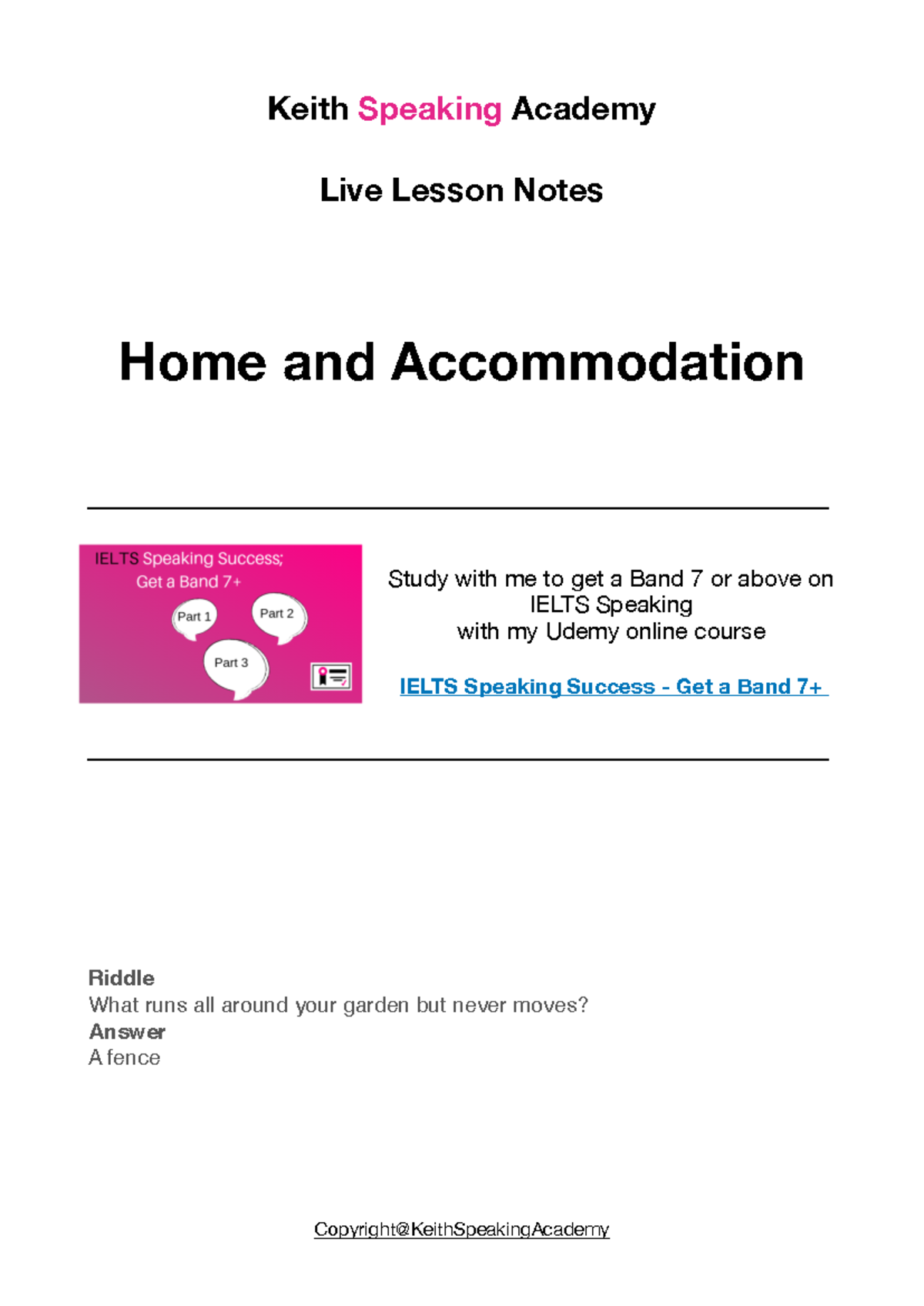 IELTS Speaking Lesson Notes: Home & Accommodation Overview - Studocu