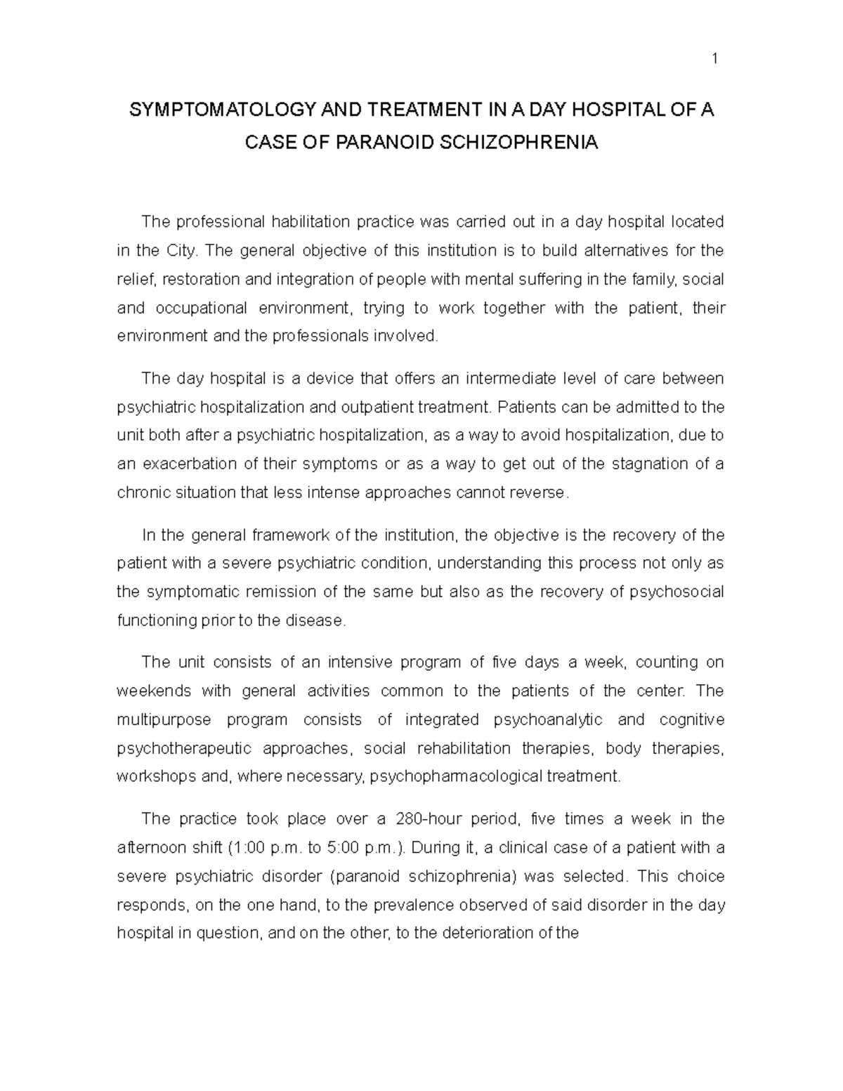 Symptomatology AND Treatment IN A DAY Hospital OF A CASE OF Paranoid ...