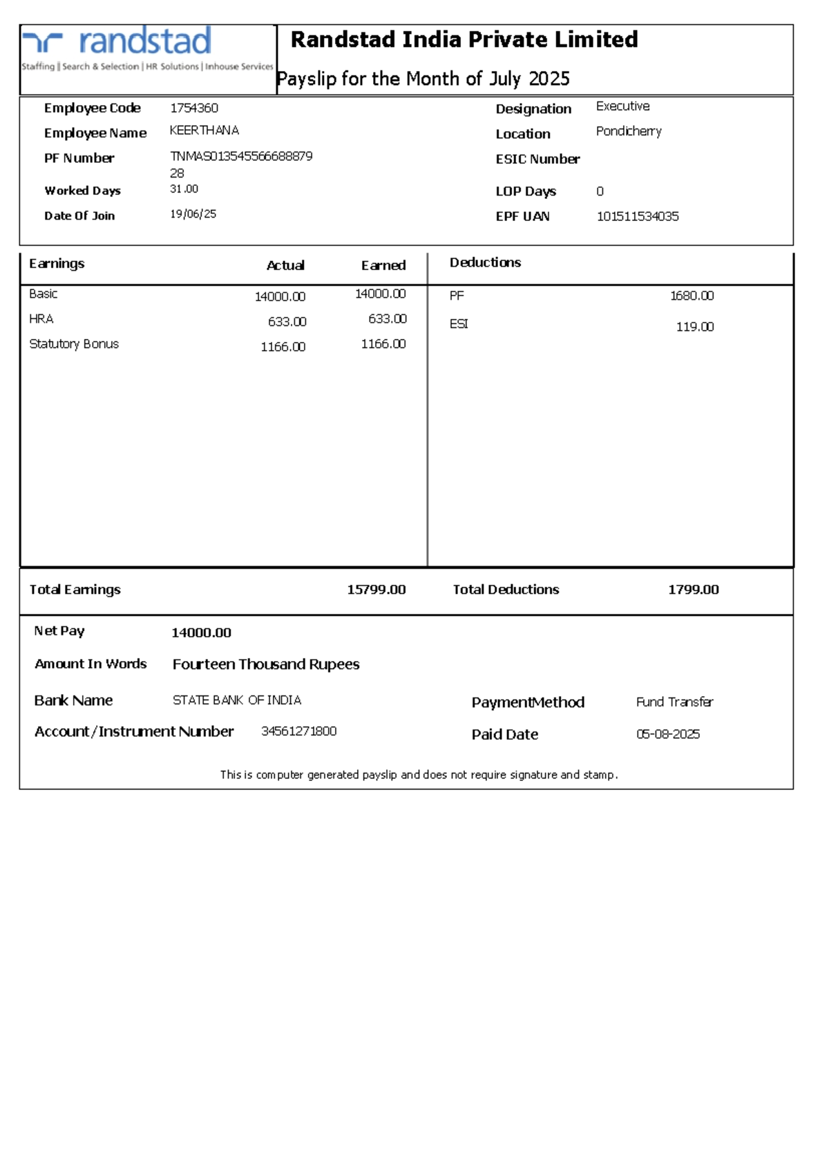 Randstad India Pvt Ltd Payslip - July & August 2025 (Emp Code: 1754360 ...