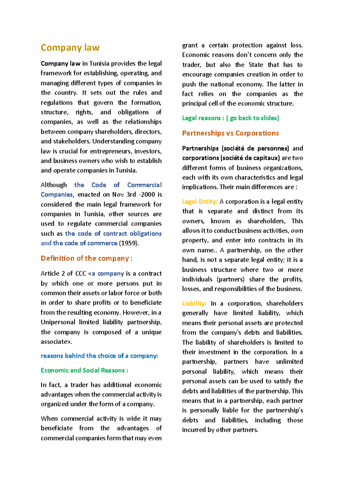 Company Law in Tunisia: Key Concepts & Legal Framework Analysis - Studocu