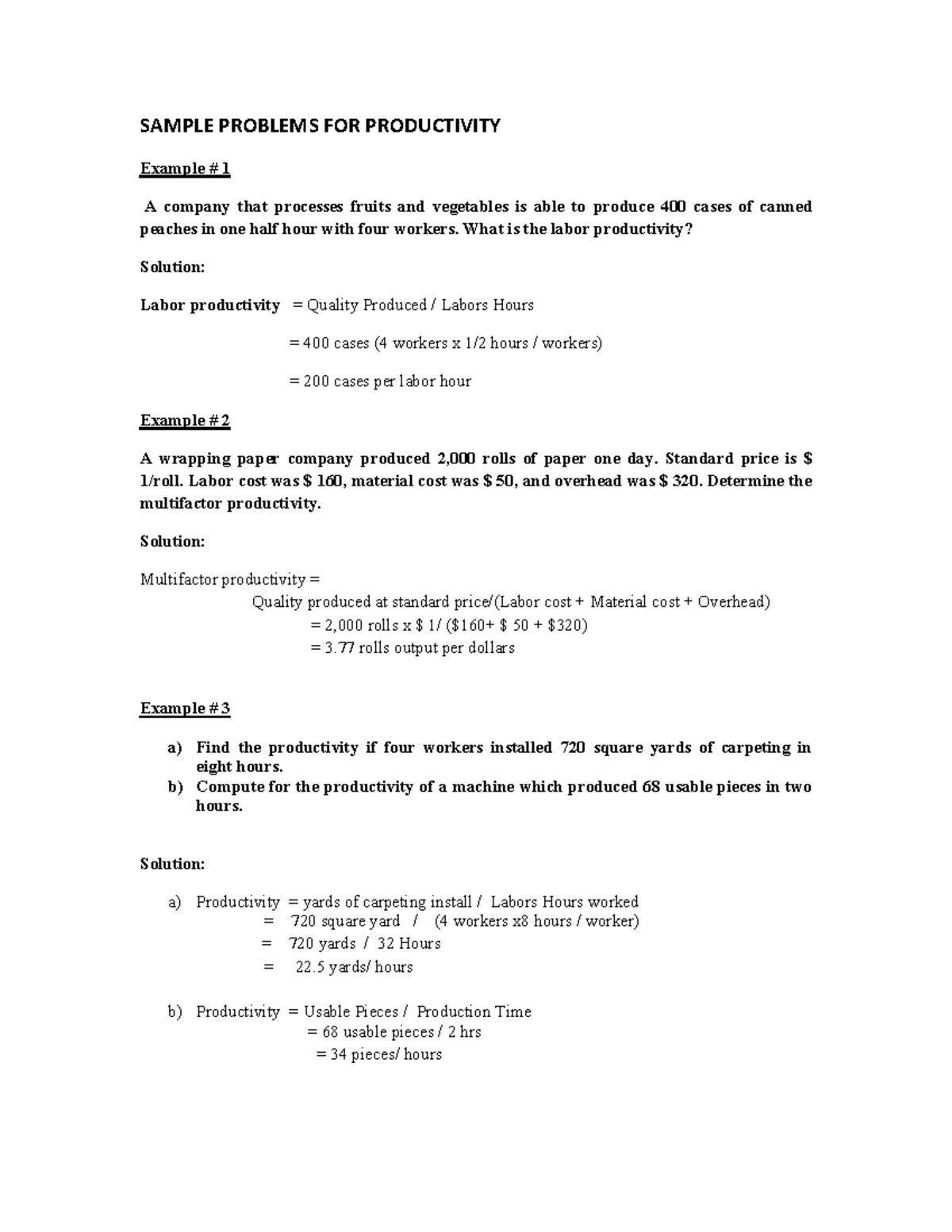 Productivity and Operations: Sample Problems and Solutions for Analysis ...
