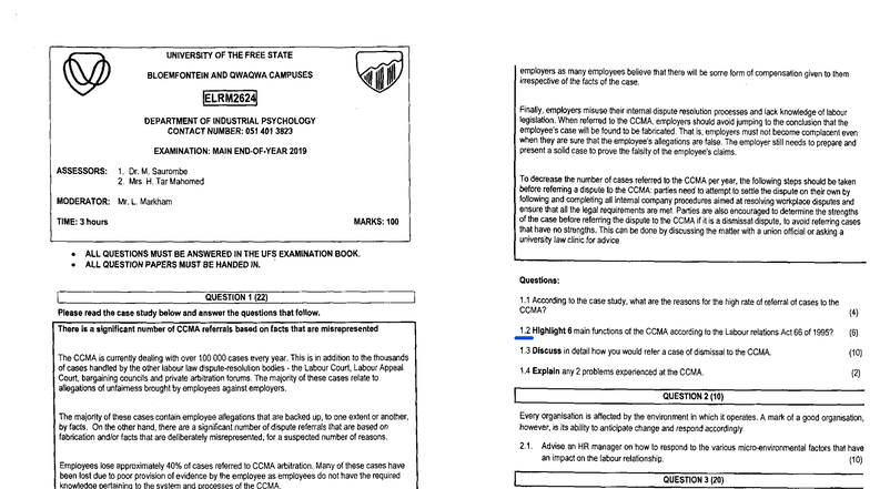 ELRM2624 2019 Main Exam: CCMA Dispute Resolution Insights - Studocu
