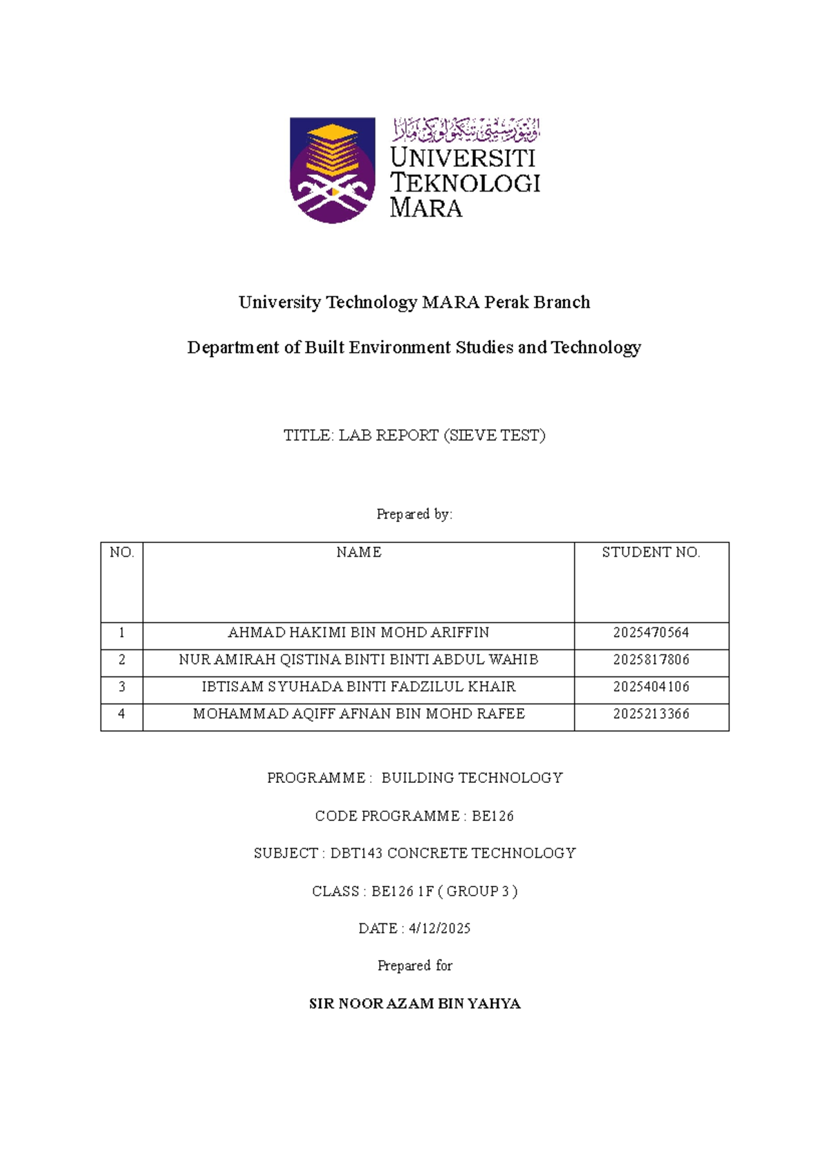 Lab Report BE126: Sieve Test Analysis for Concrete Technology - Studocu