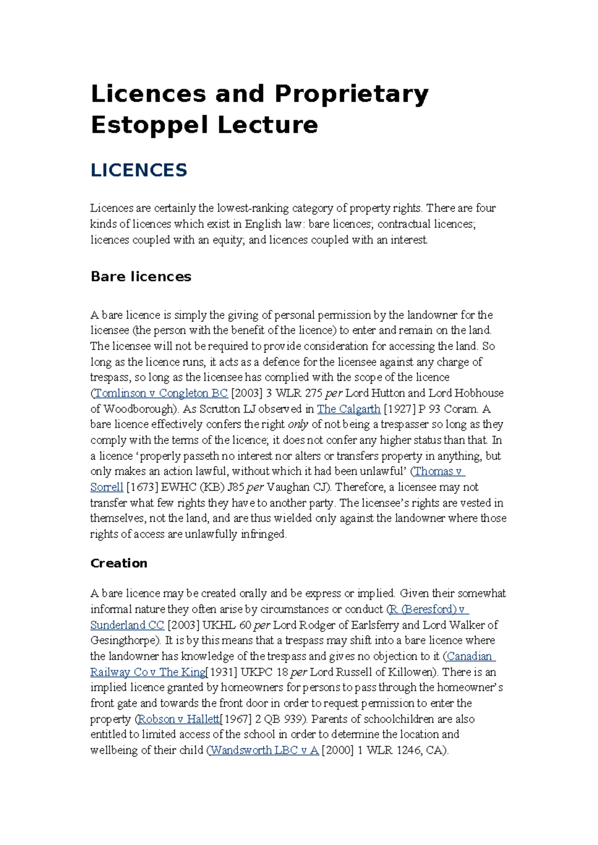 BLaw - Summary of Licences and Proprietary Rights in Land Law - Studocu