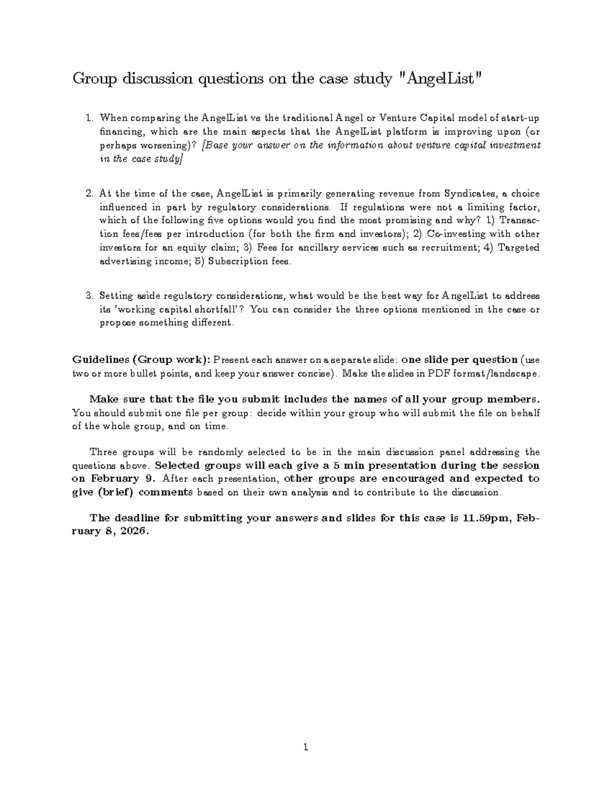 Group Discussion Questions on AngelList Case Study 1 (CS101) - Studocu