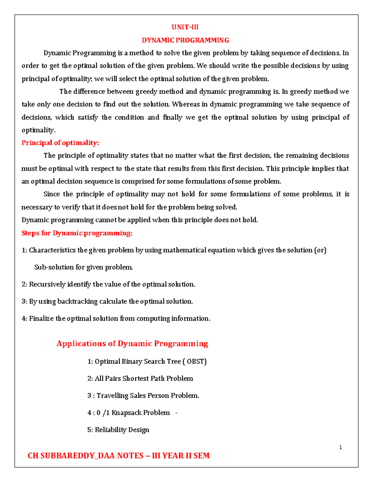 DAA-UNIT-III Dynamic Programming Concepts & Applications - Studocu