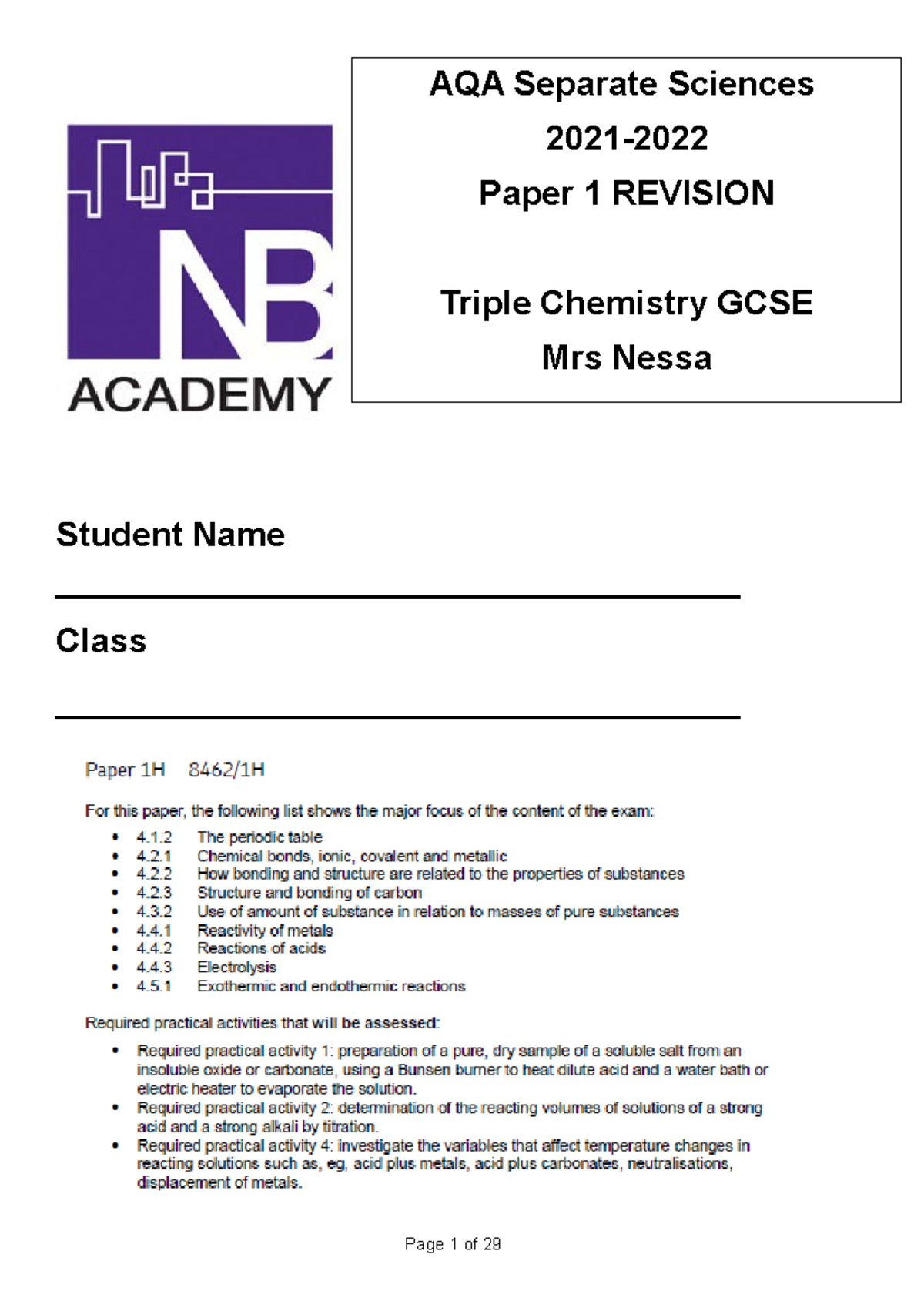 Triple Chemistry GCSE Paper 1 Revision Notes for AQA - Studocu