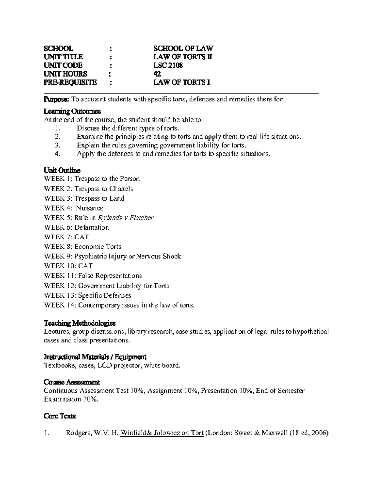 LSC 2108 Law of Torts II - Course Outline and Learning Outcomes - Studocu