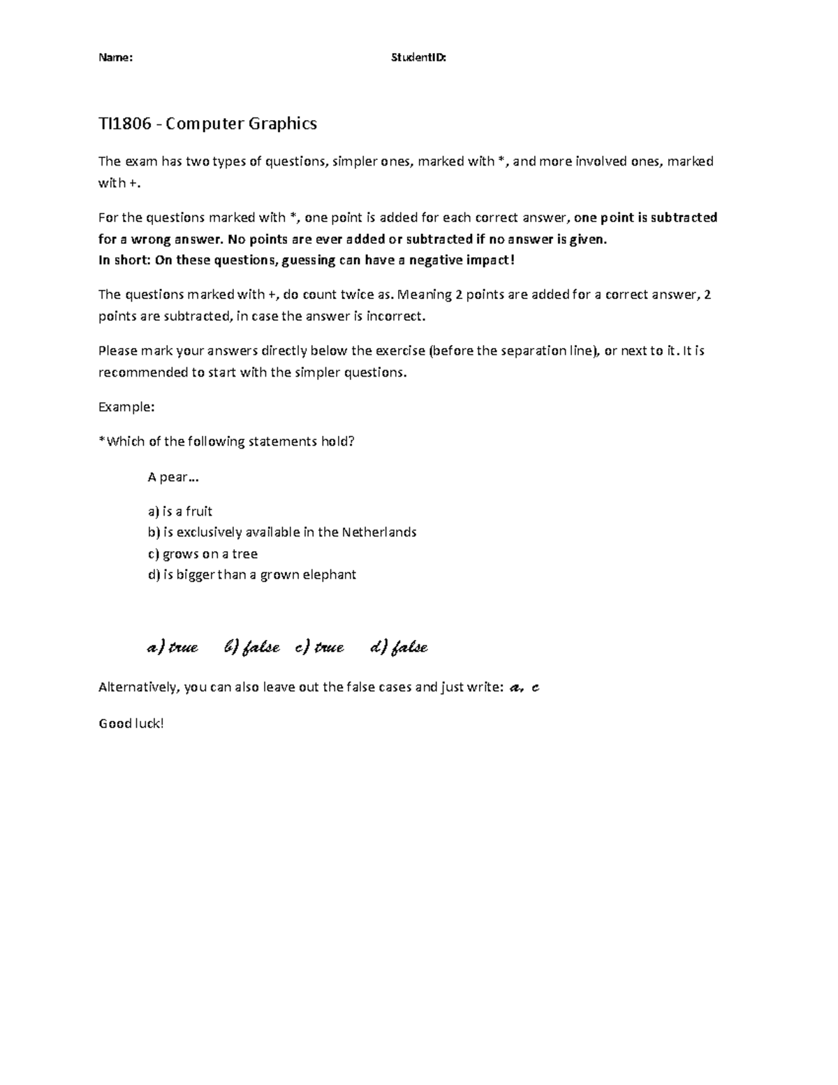 Computer Graphics TI1806 Final Exam Questions and Concepts 2016/2017 ...