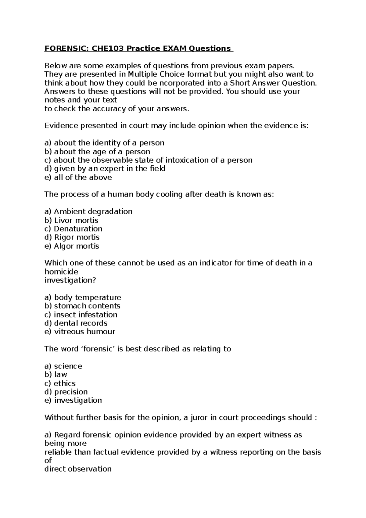 Forensic 103 - Practice Exam Questions from Previous Papers - Studocu