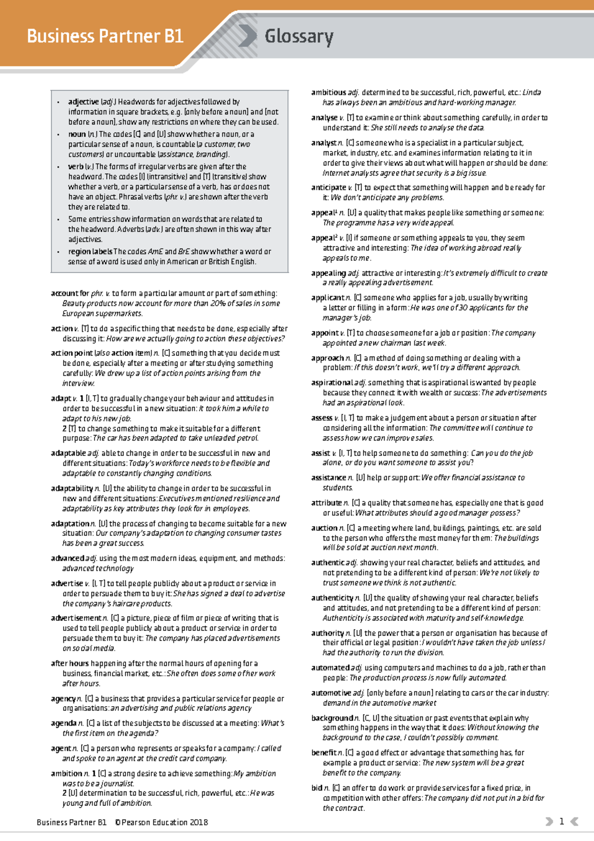 Business Partner B1 Glossary: Key Terms and Definitions - Studocu