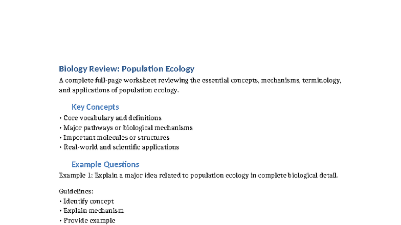 Biology Worksheet 214: Population Ecology Review and Practice - Studocu