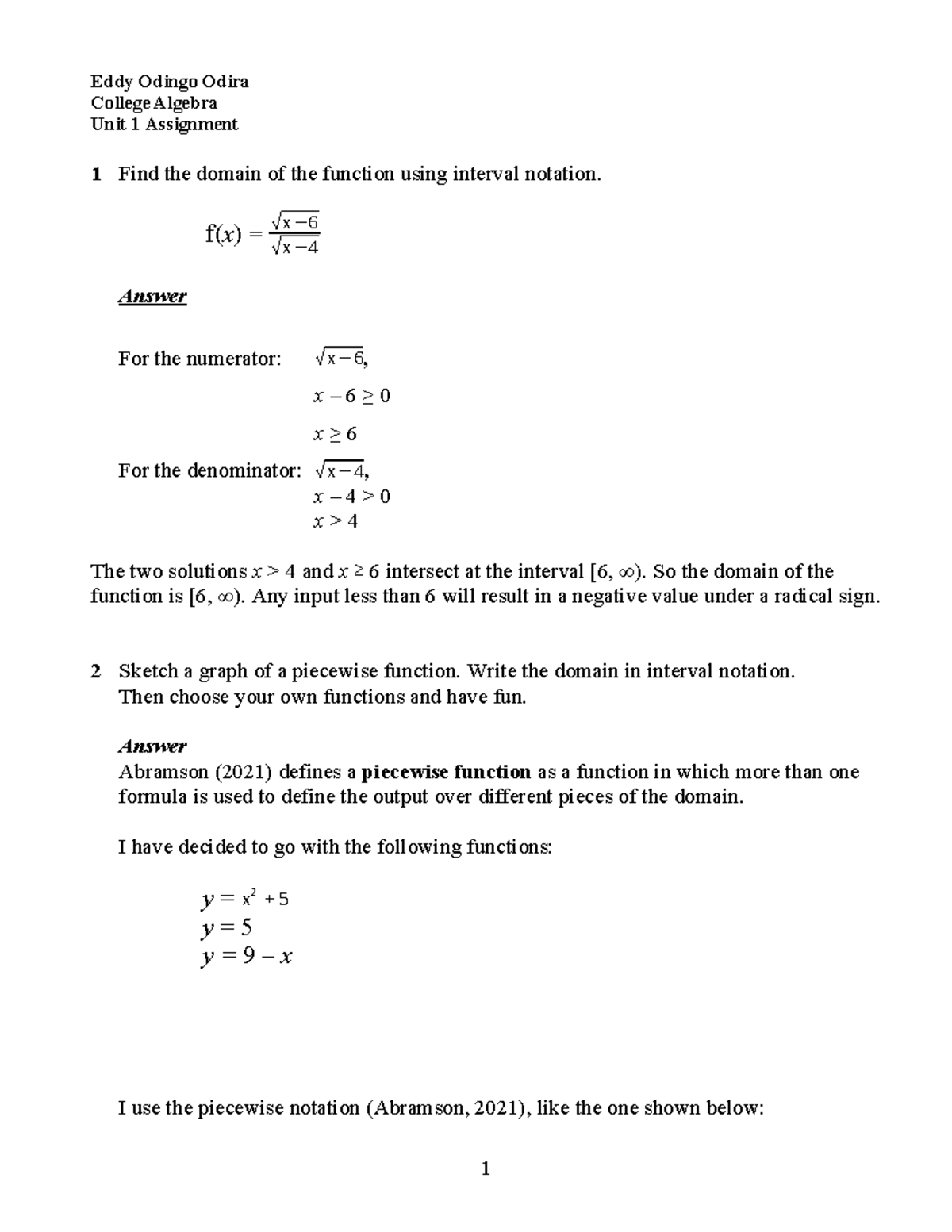 College Algebra Unit 1 Assignment: Algebraic Expressions & Functions ...