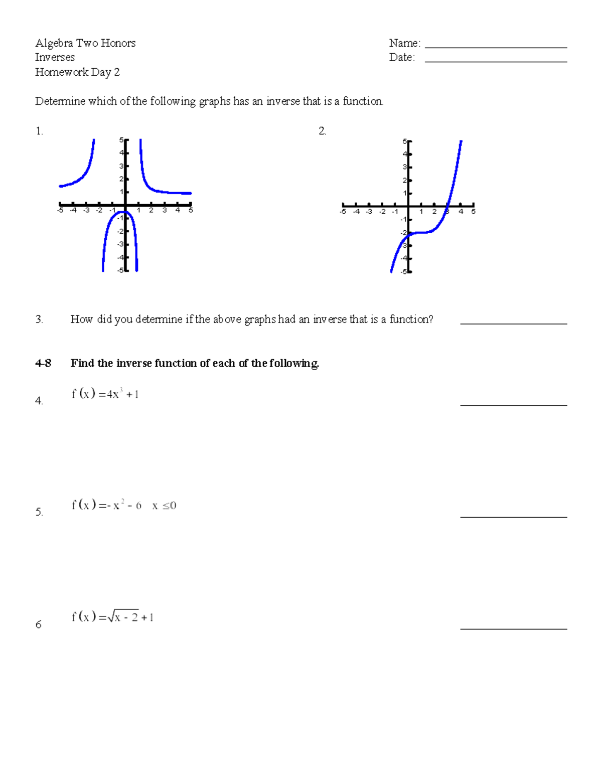 Algebra 2 Honors: Inverses Homework Day 2 - Studocu
