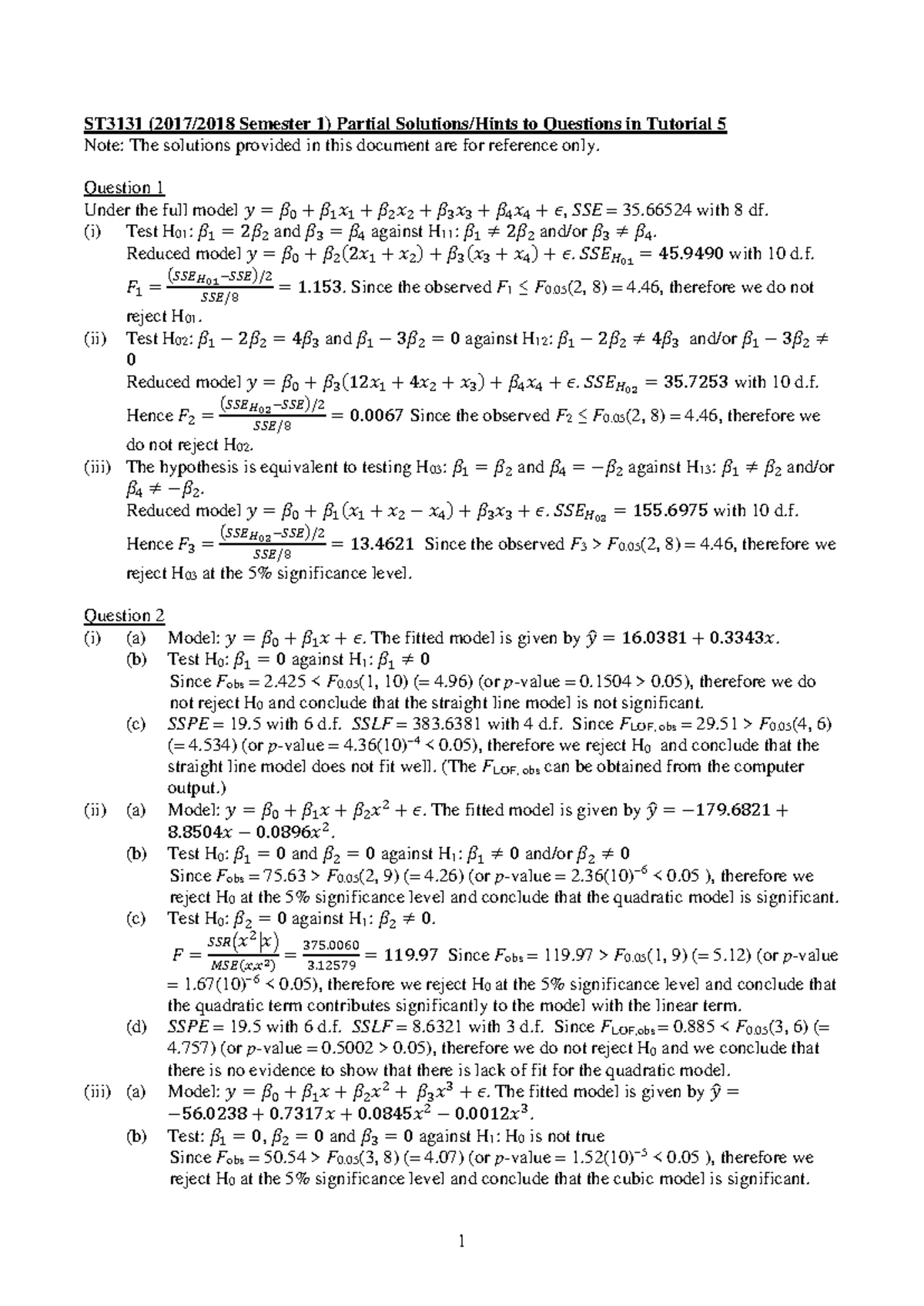 ST3131 Regression Analysis Tutorial 5: Hypothesis Testing and Model ...