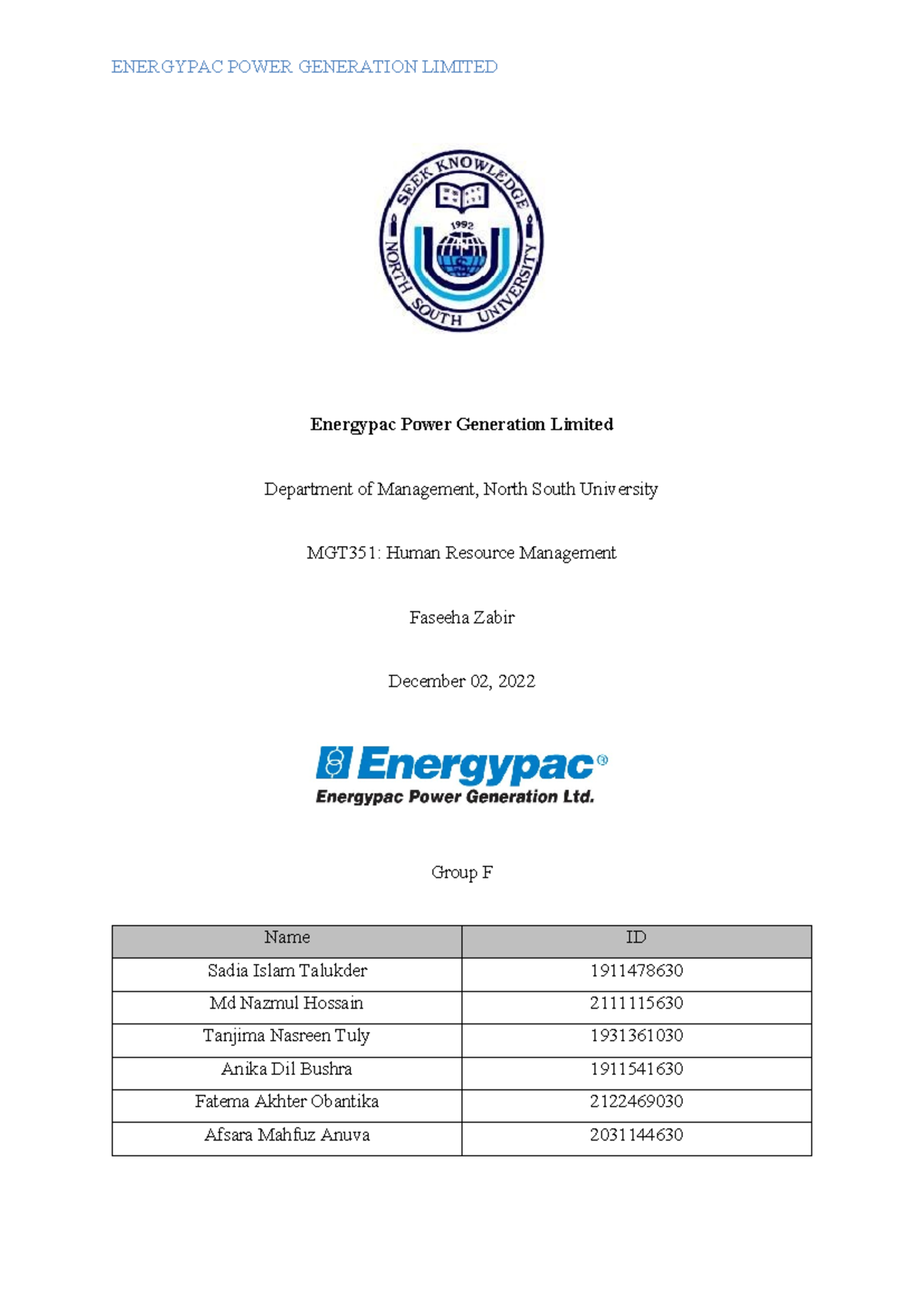 Energypac Power Generation Limited - MGT351 HRM Report Analysis - Studocu