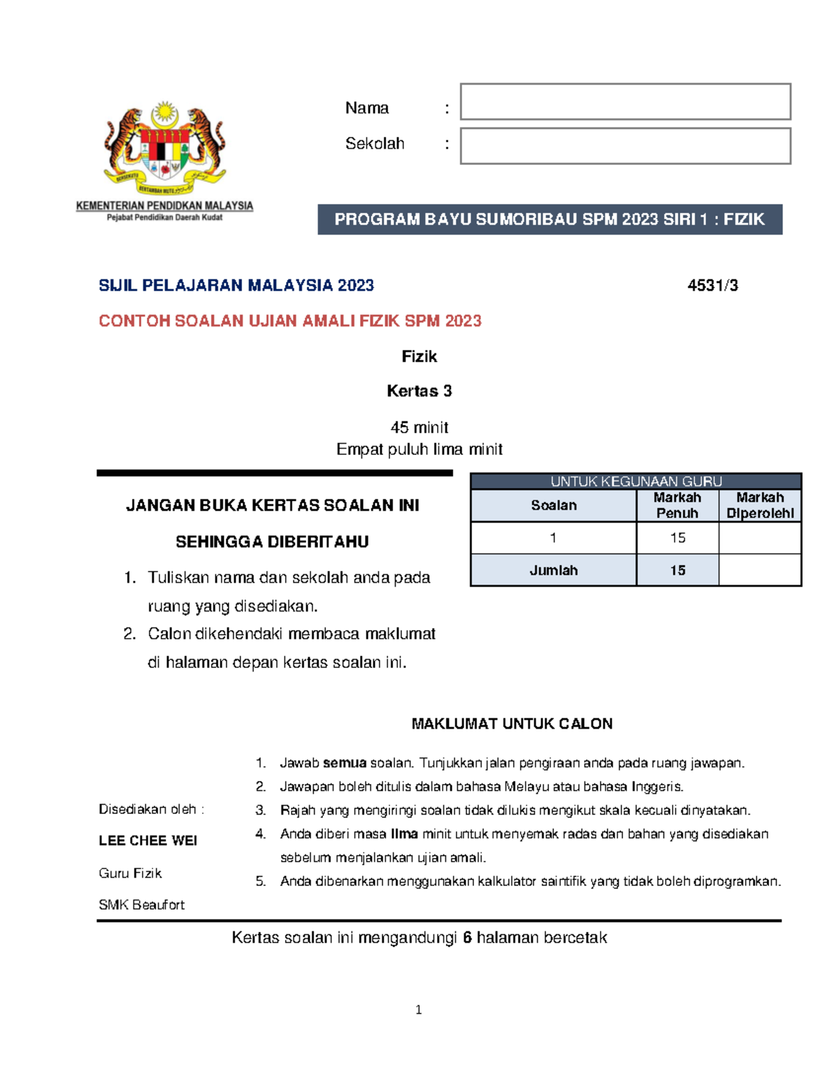 Latihan Amali Fizik Kertas 3 SPM 2023: Hukum Ohm dan Eksperimen - Document Preview