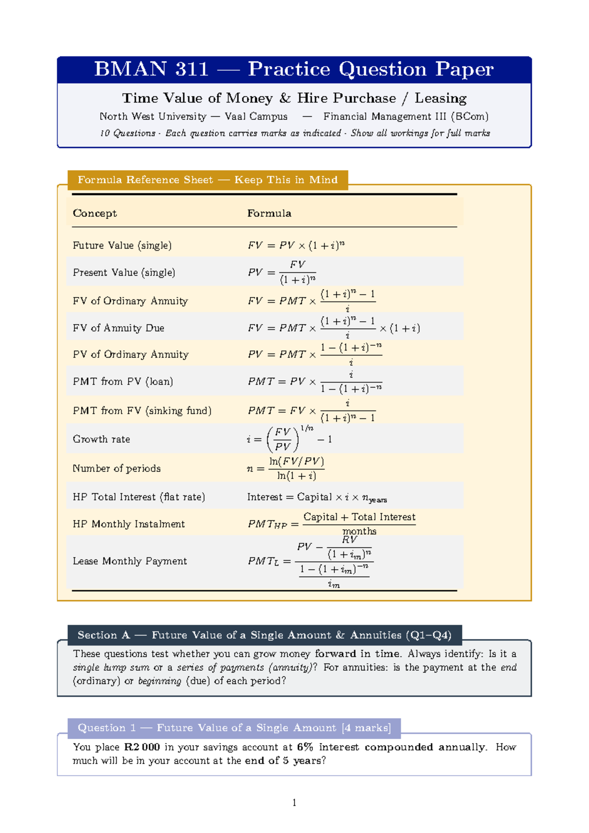 BMAN 311 Financial Management Practice Questions on Time Value of Money ...