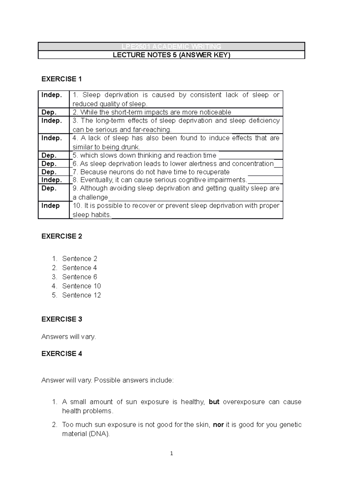 LPE2501 Academic Writing Lecture Notes 5 Answer Key - Studocu
