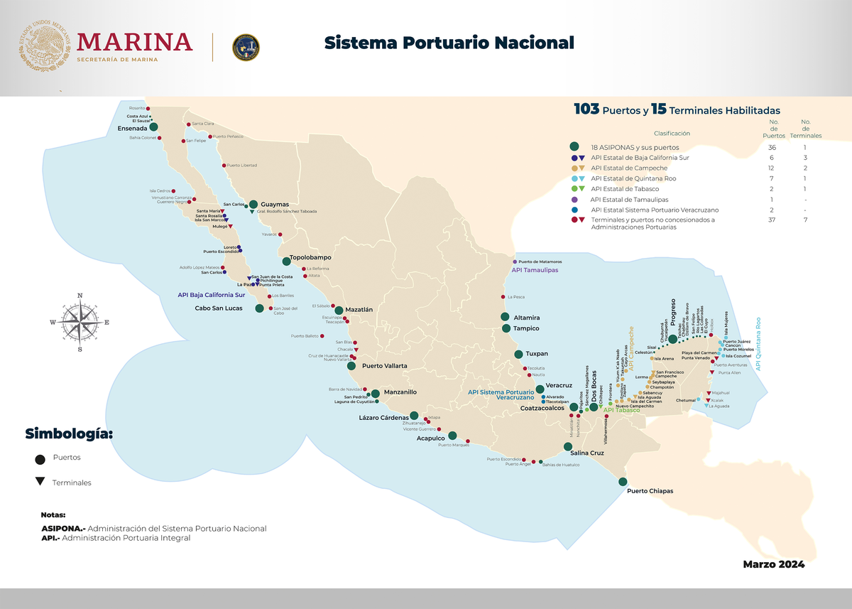Mapa de Puertos en México - Sistema Portuario Nacional 2024 - Studocu