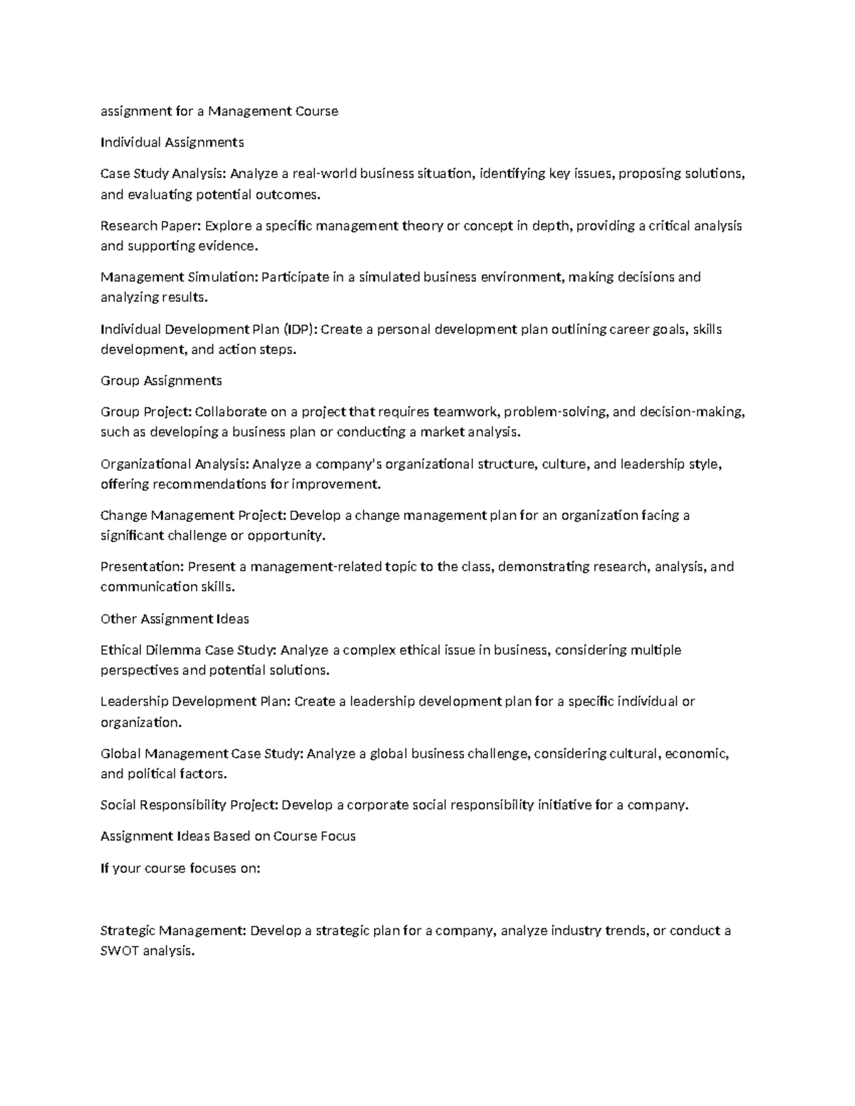 Management Course Assignments: Individual & Group Tasks Overview - Studocu