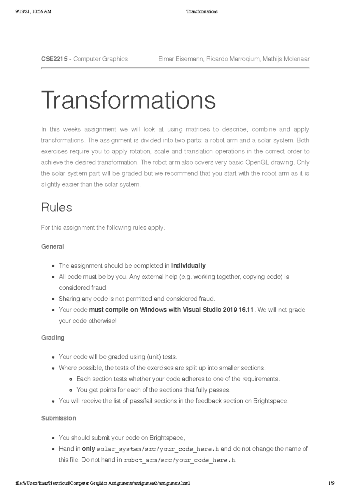 CSE2215 - Assignment 2: Transformations in Computer Graphics - Studeersnel