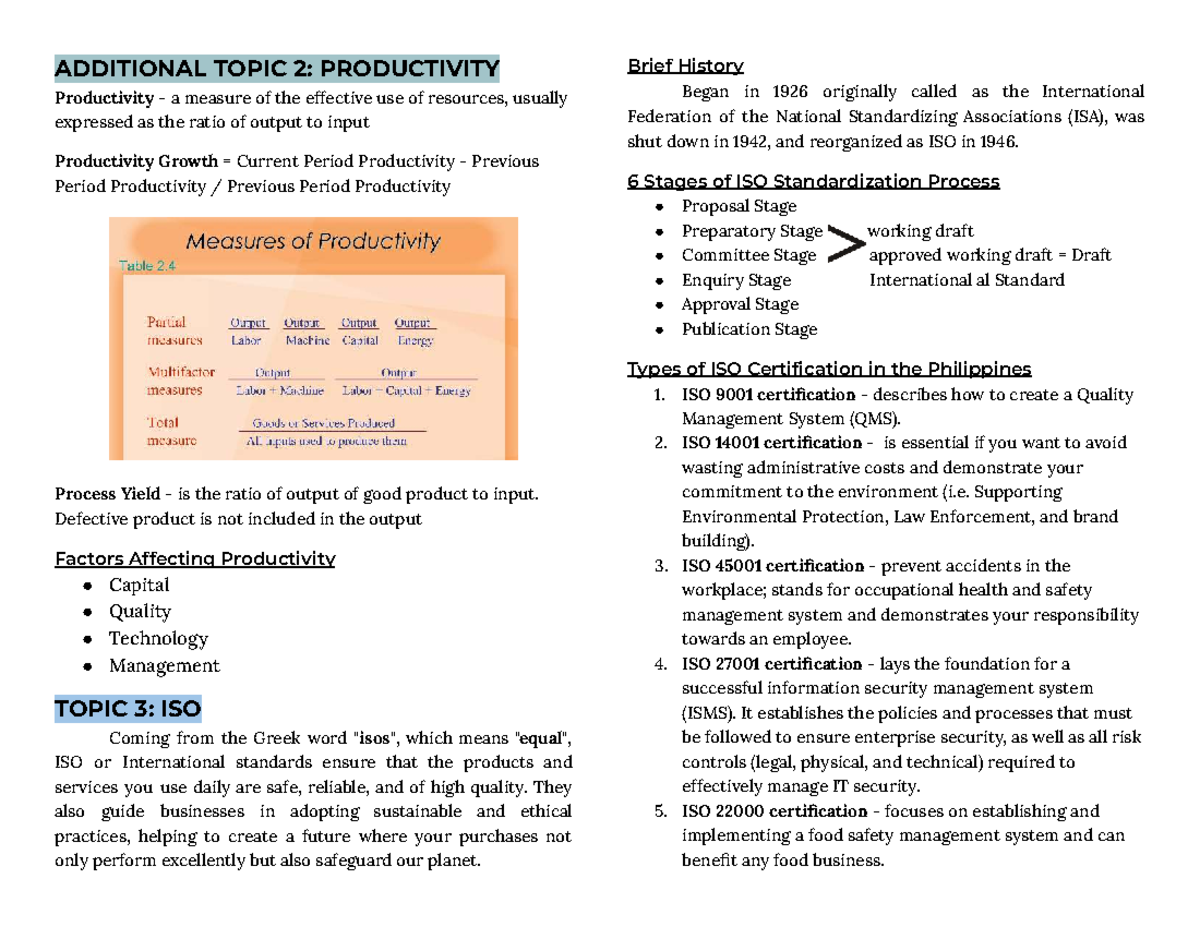 ADDITIONAL TOPIC 2: PRODUCTIVITY & ISO CERTIFICATION REVIEW (OPMAN ...