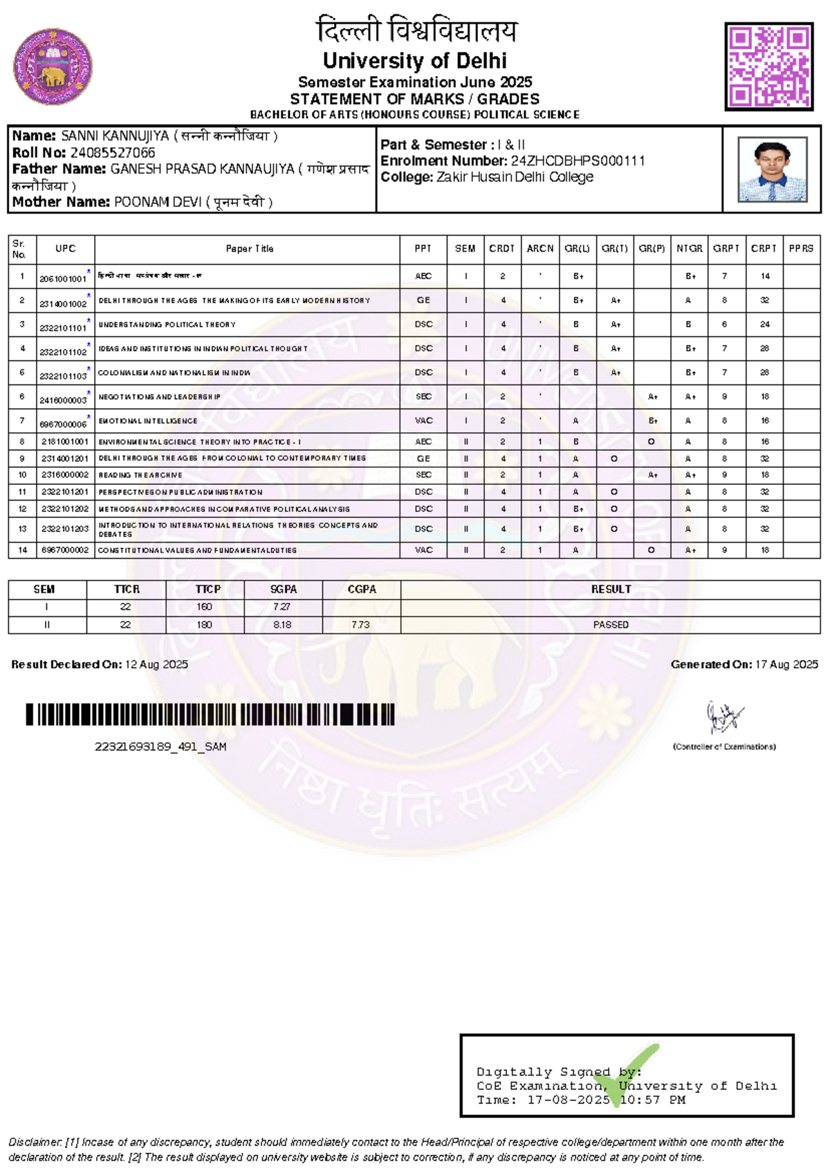 University of Delhi BA (Hons) Political Science Semester I & II Marks ...