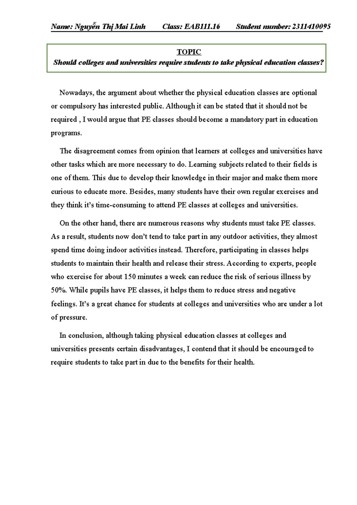 Writing Sample UNIT - Name: Nguyễn Thị Mai Linh Class: EAB111 Student ...