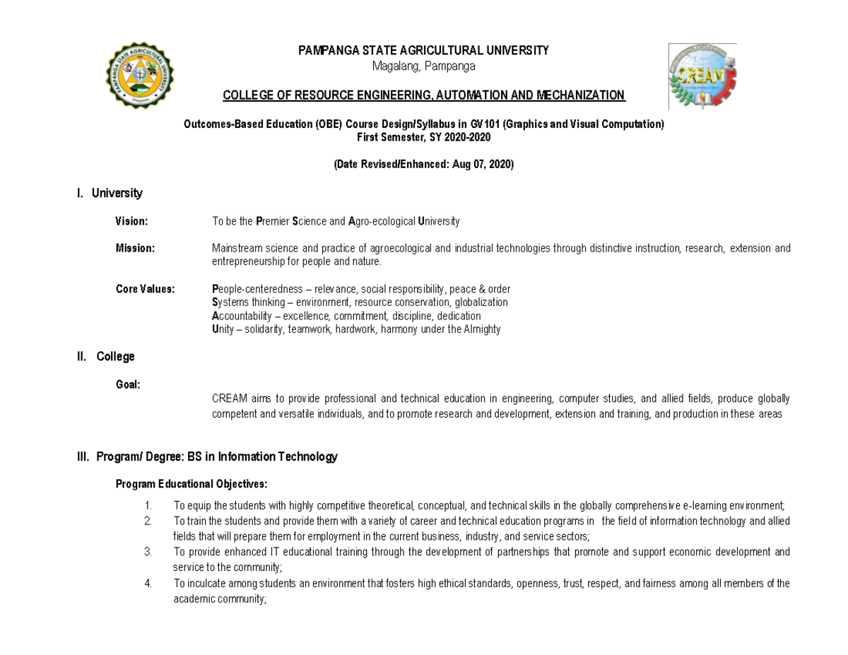 GV101 - Graphics and Visual Computation Syllabus for 2020 Semester ...