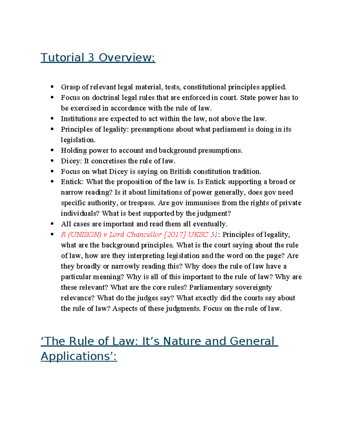 Tutorial 3: Legal Principles and the Rule of Law in UK Case Law - Studocu