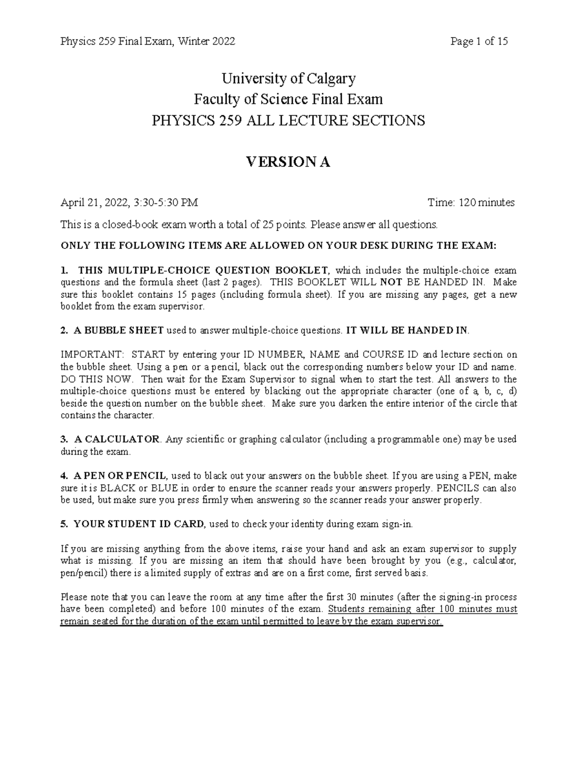 W2022 PHYS 259 - Final Exam - Multiple Choice Questions - Version A ...
