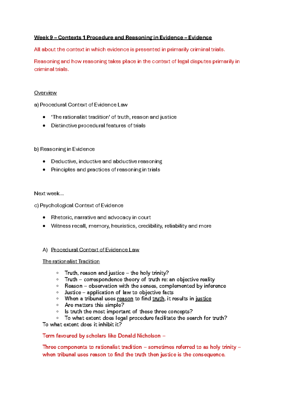 Week 9 Evidence Law: Procedure, Reasoning & Psychological Contexts ...