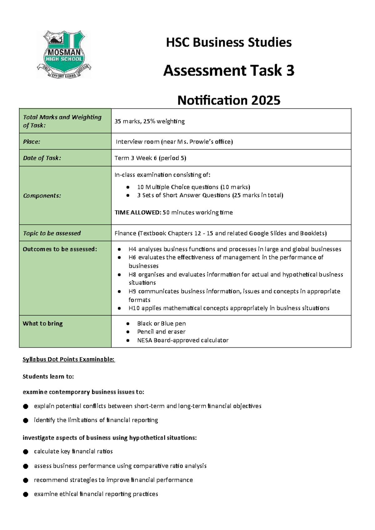 HSC Business Studies Task 3 Notification 2025 - Makeup Details - Studocu