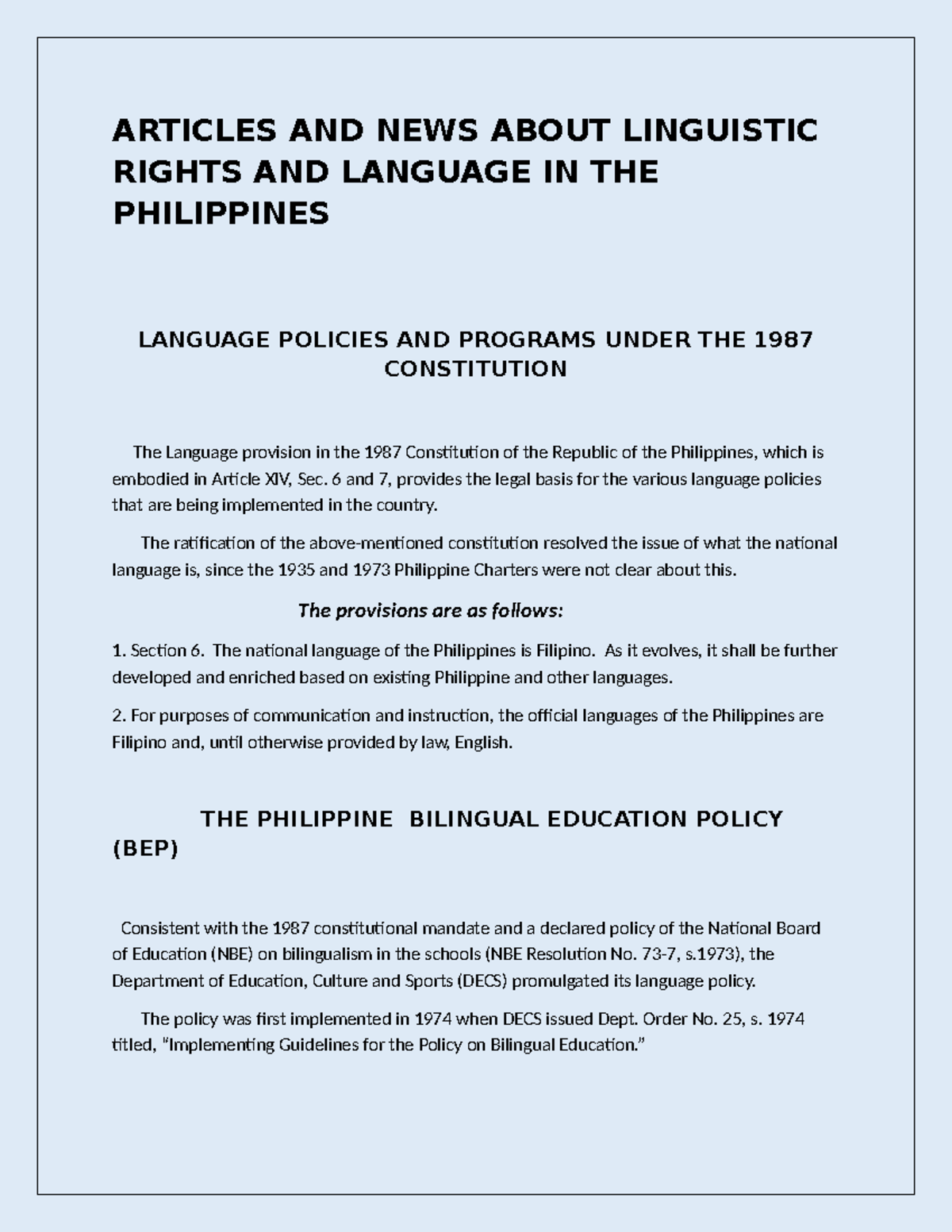 Language Policies and Programs in the Philippines: A Comprehensive ...