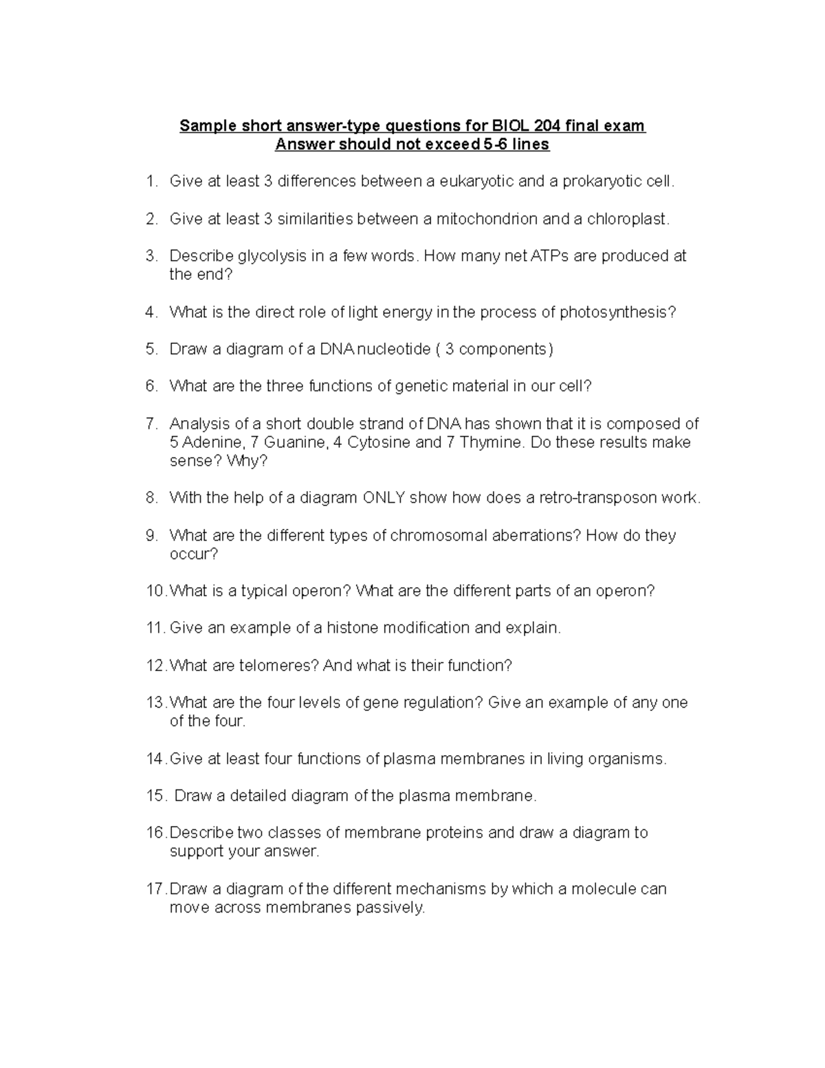BIOL 204 Final Exam Sample Short Answer Questions - Studocu