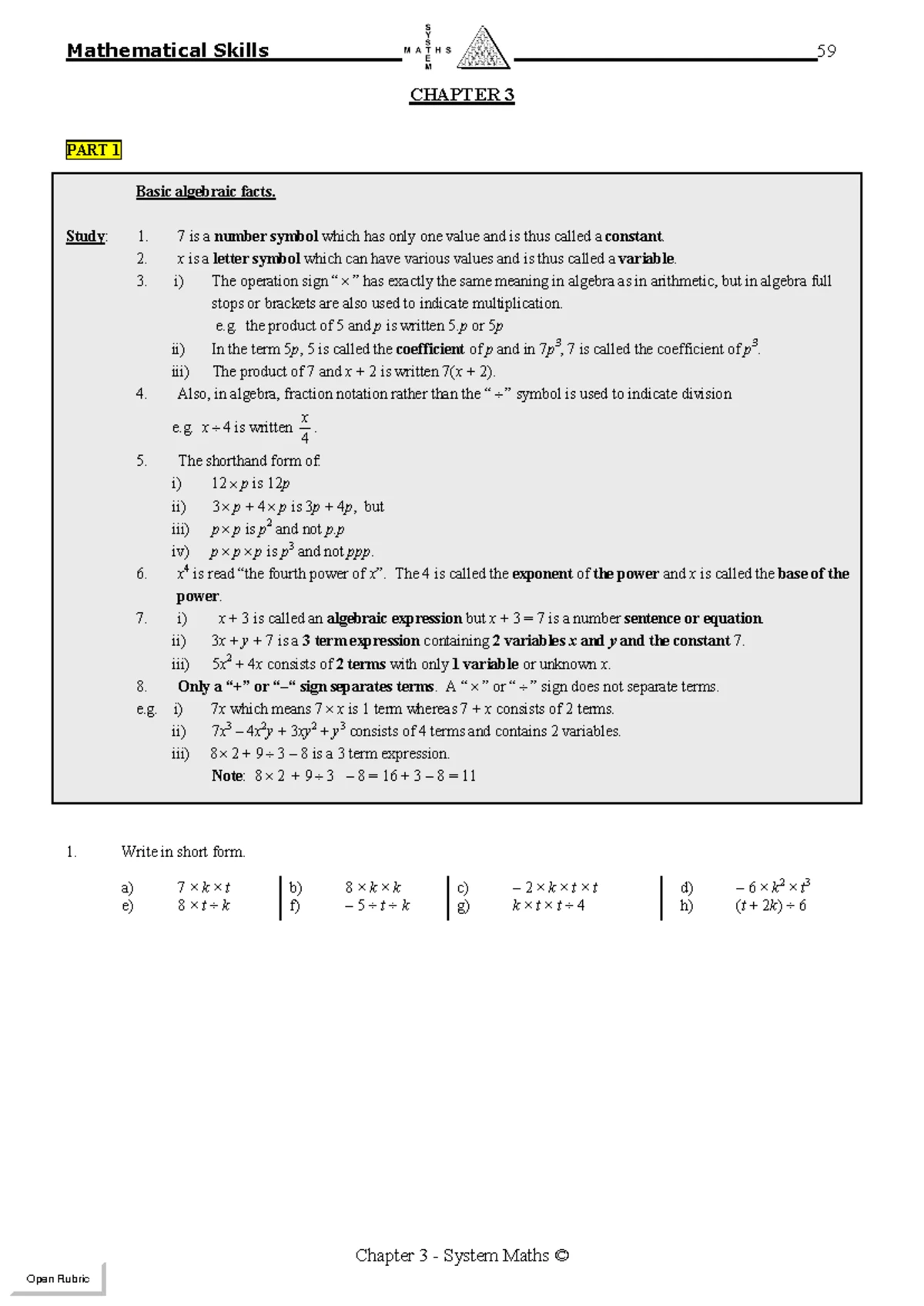 Chapter 3 - Algebra Basics Notes and Slides for First-Year Students ...