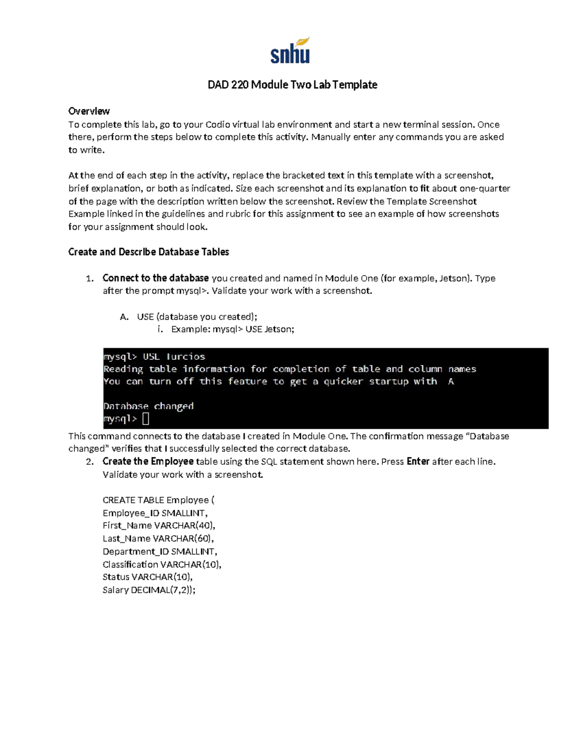 DAD 220 Module Two Lab: Database Table Creation & Validation - Studocu