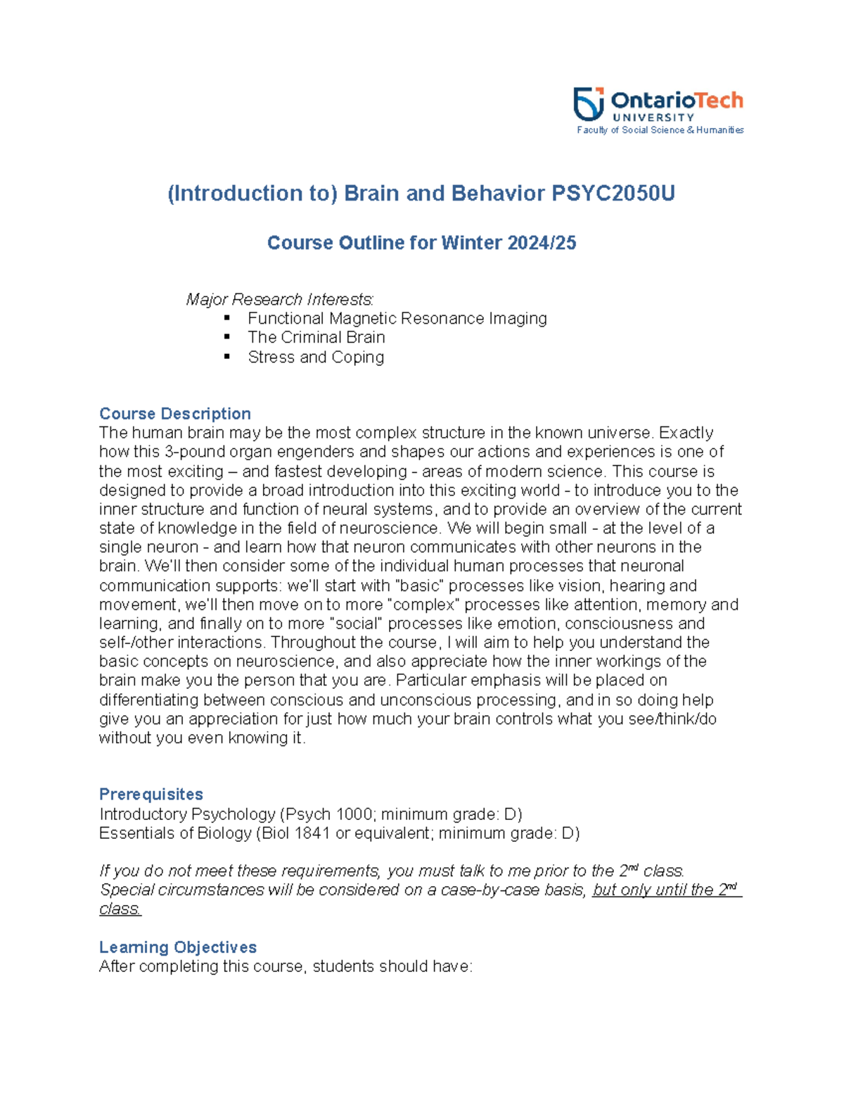 PSYC2050U Course Outline: Brain and Behavior - Winter 2024 Syllabus ...