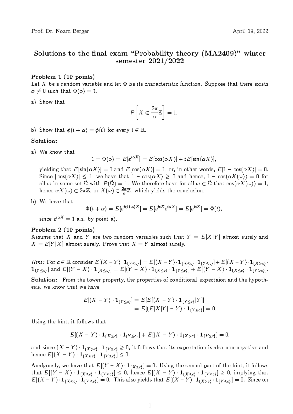 Solutions to Final Exam MA2409 - Probability Theory (WS2021/22) - Studocu