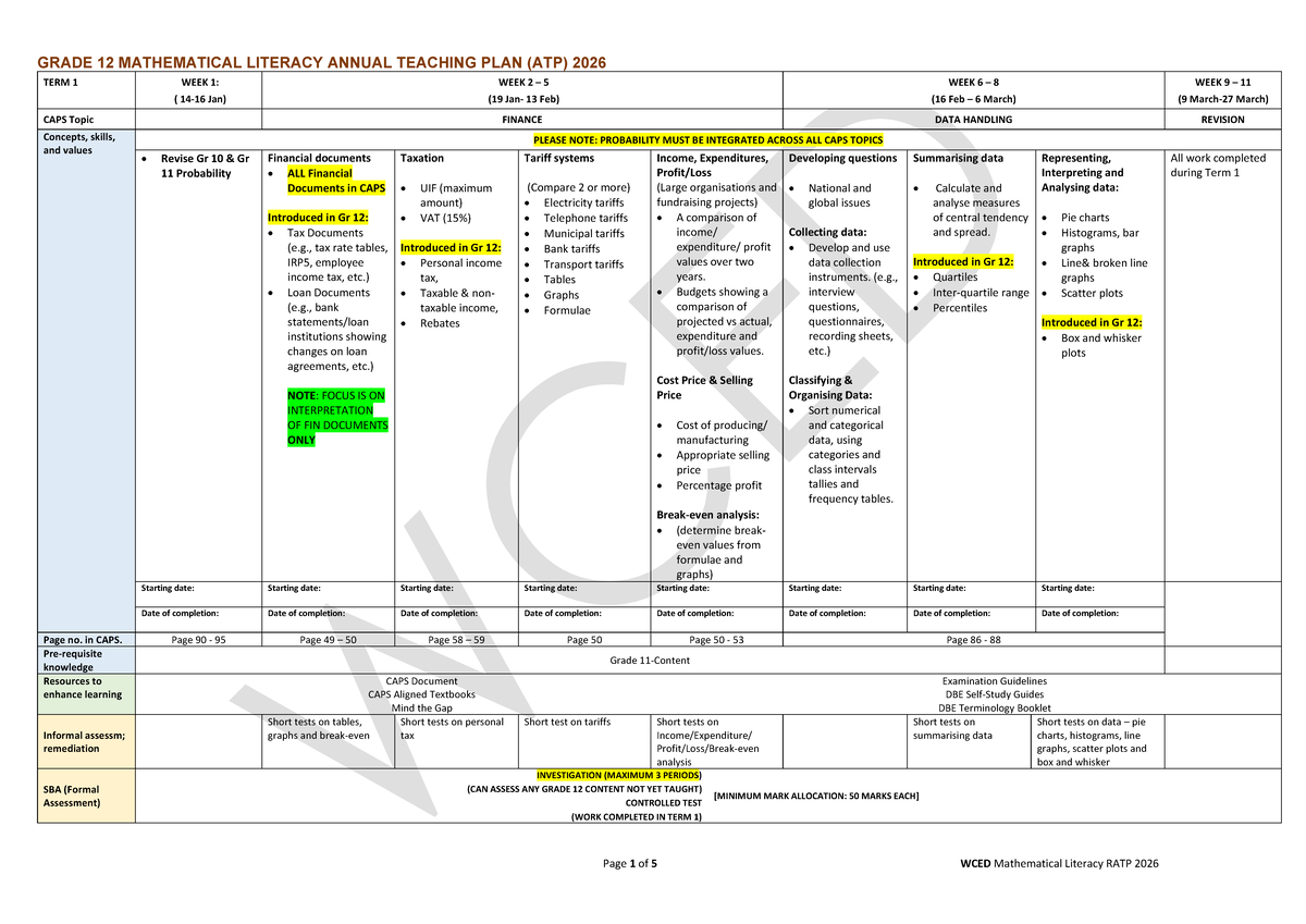 WCED GRADE 12 MATHEMATICAL LITERACY ANNUAL TEACHING PLAN (ATP) 2026 ...