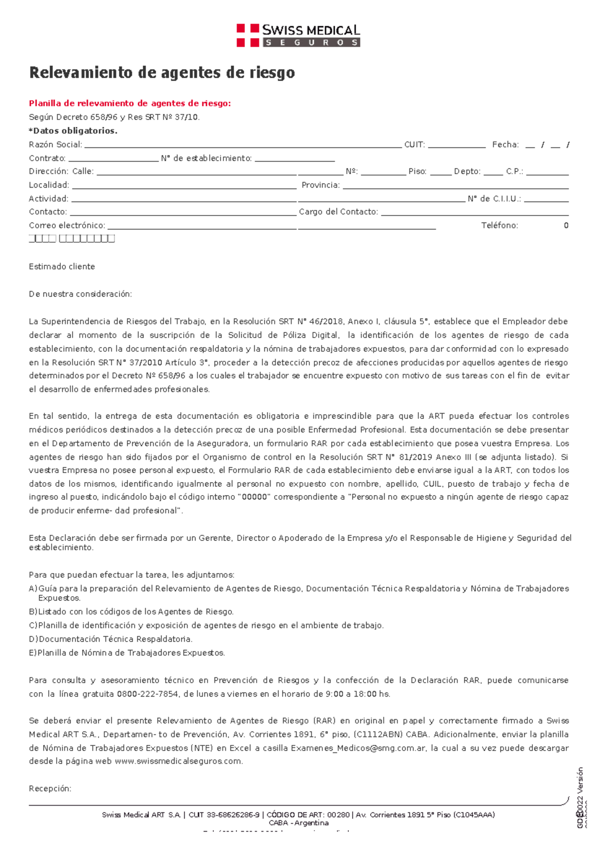 Relevamiento de Agentes de Riesgo - Formulario RAR - ART Código 00280 ...