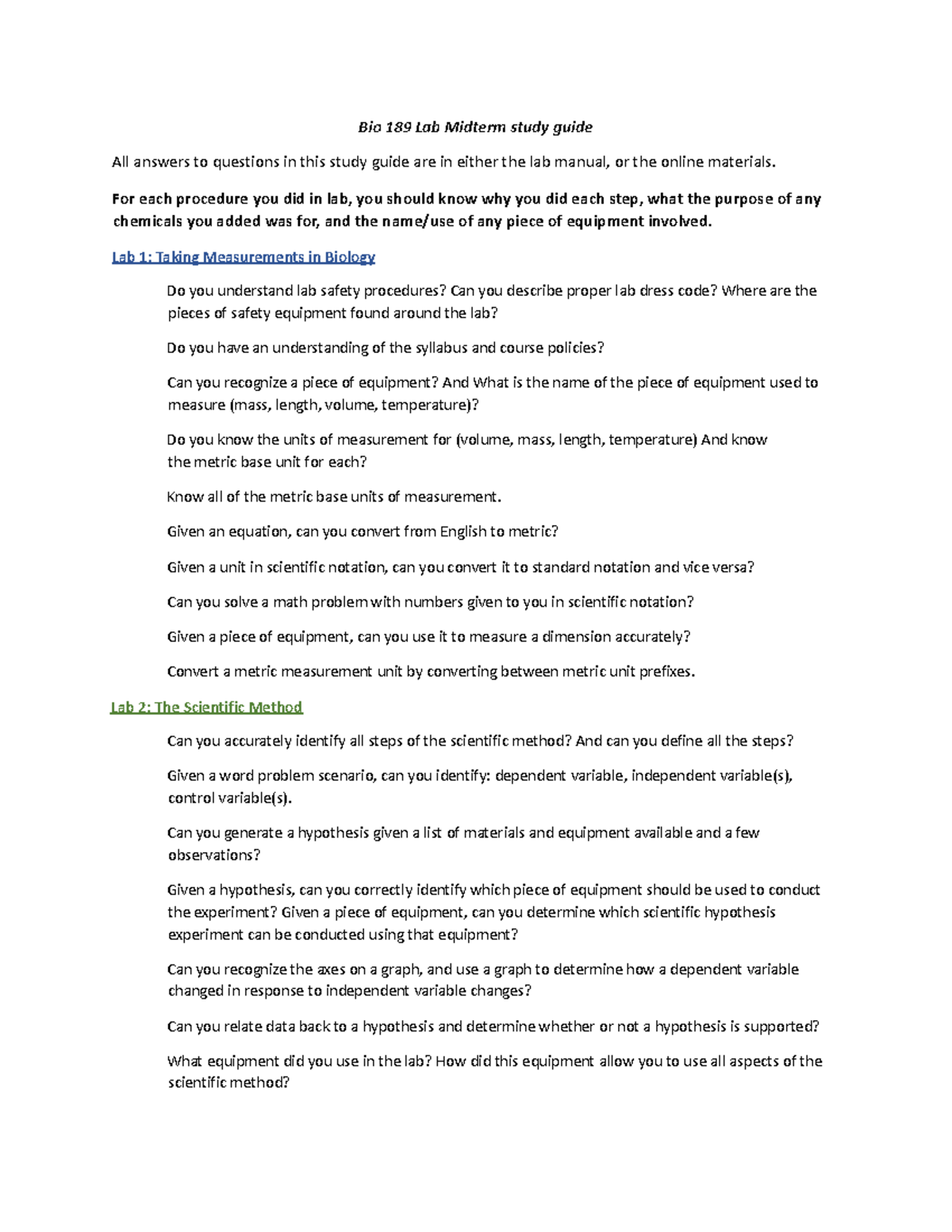 Bio 189 Lab Midterm Study Guide: Key Concepts & Procedures FA25 - Studocu
