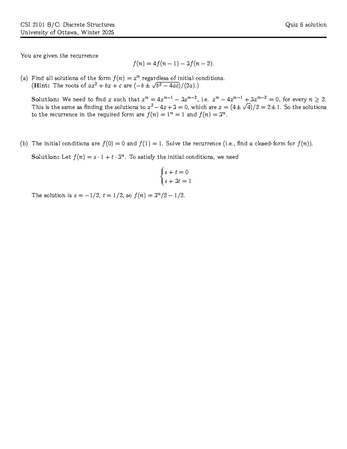 CSI 2101 Winter 2025 Discrete Structures Quiz 6 Solutions - Studocu