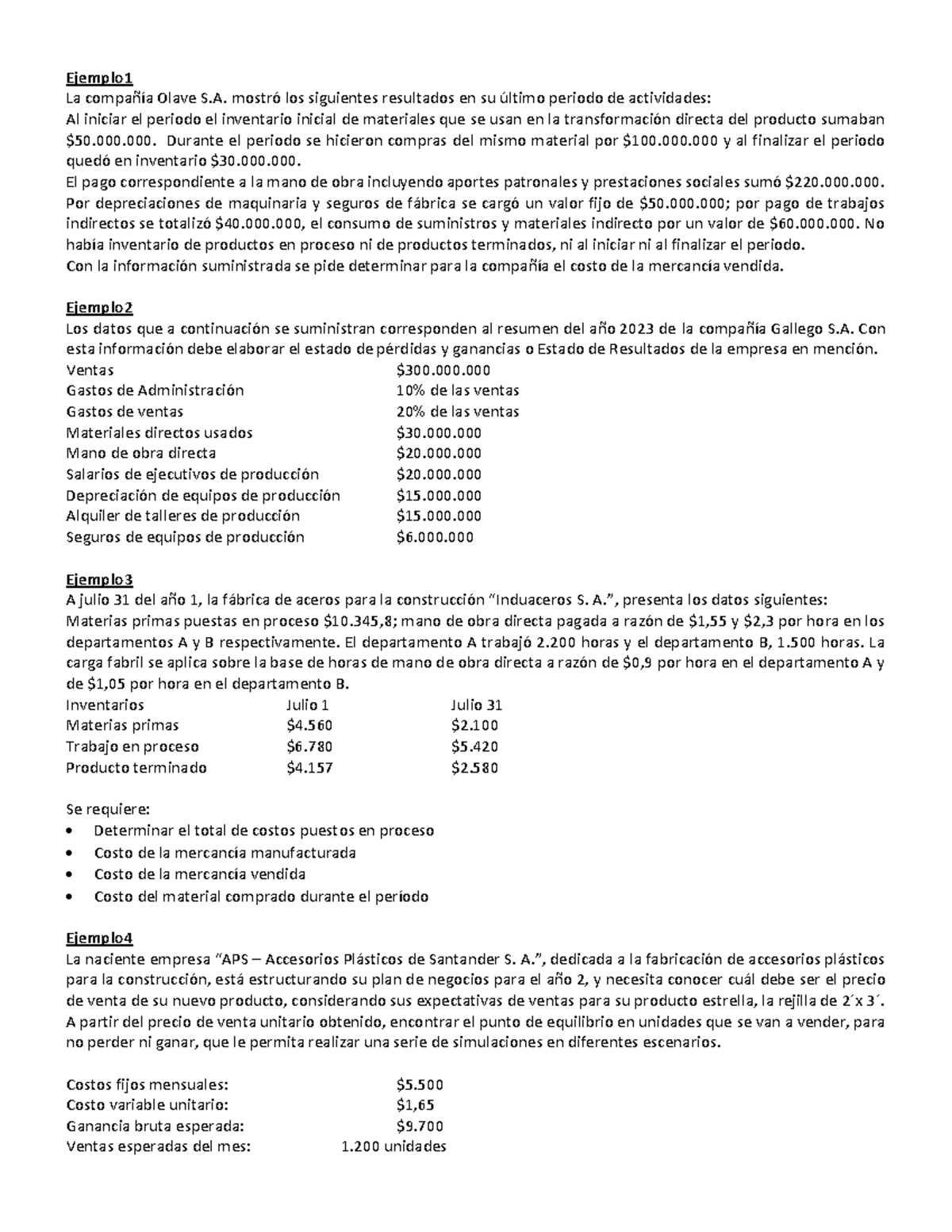 Ejemplos de Cálculo de Costos y Resultados Financieros 2023 - Studocu